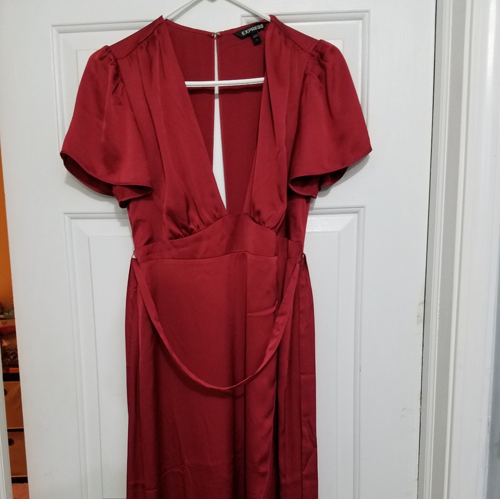 Express low-cut red silk dress